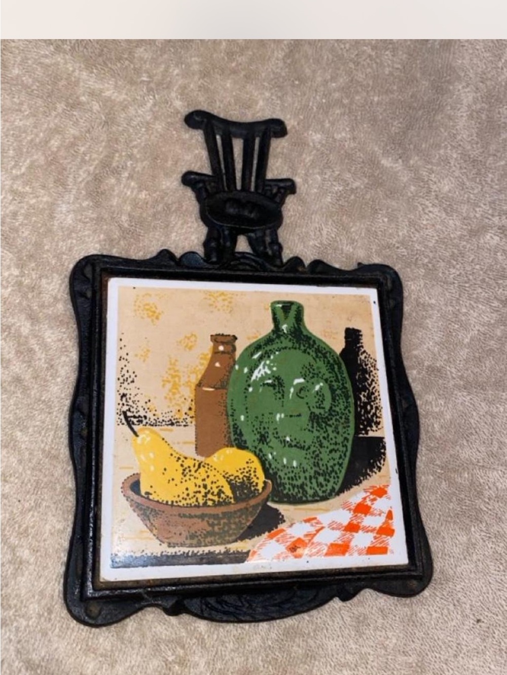 Vintage Ceramic Tile Trivet with Fruit & Bottle Still Life